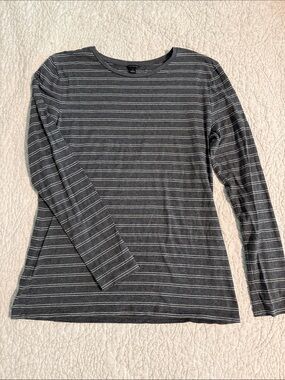 Ann Taylor Lightweight Charcoal Gray Long-Sleeve Striped Tee, Sz L